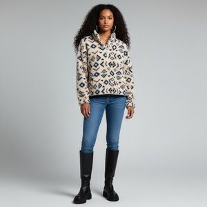 Aztec Print Sherpa Fleece 1/4 Zip Pullover Beige Blue Brown Cozy Sweater